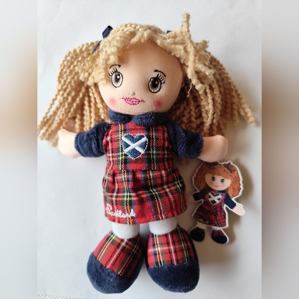 Elgate Scotland Souvenir Girl Rag Doll Tartan Dress Soft Plush Toy 8”